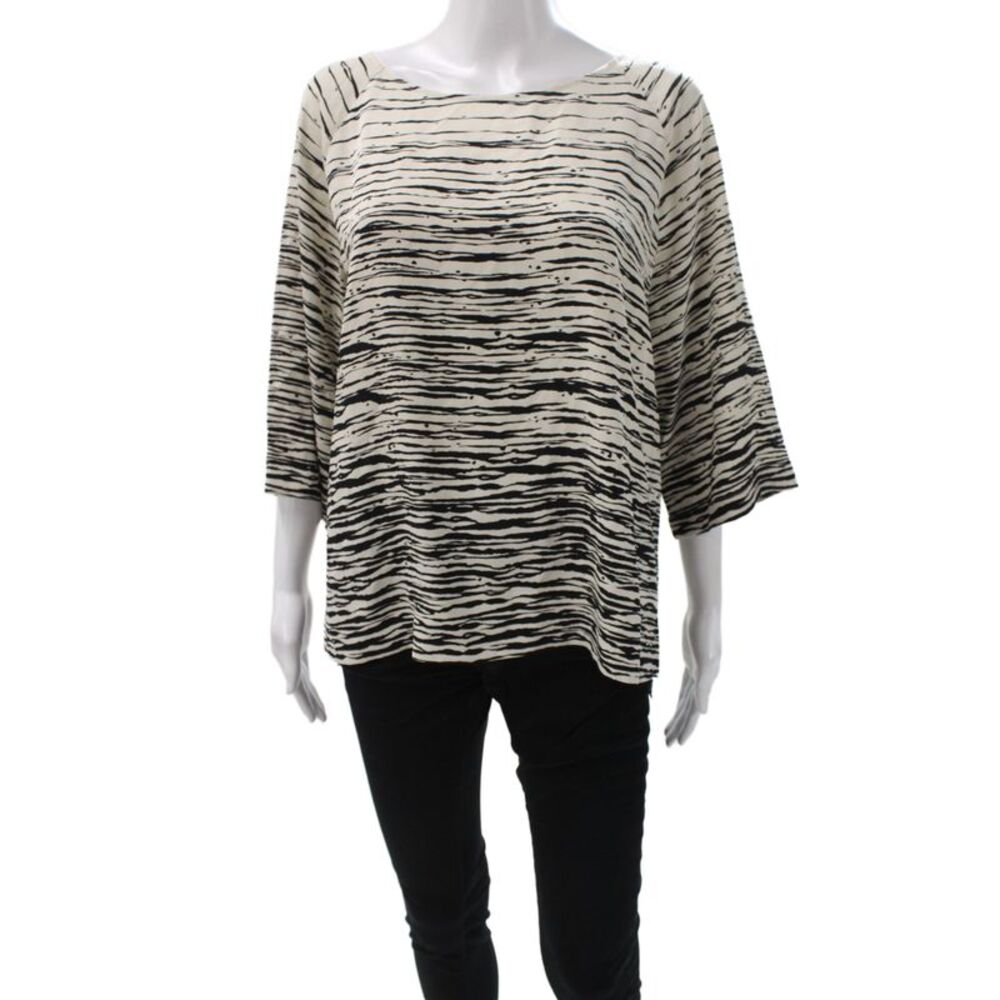 Vince Womens Silk Animal Print 3/4 Sleeve Blouse Black Size L